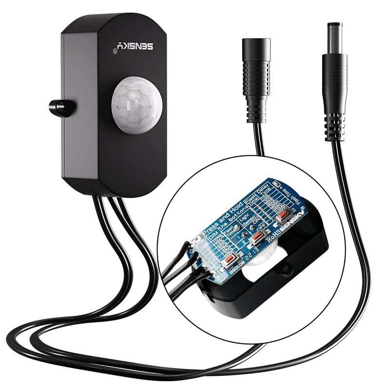 Sensky BS010BB DC 12V/24V 3A مفتاح استشعار حركة PIR صغير قابل للتعتيم، مفتاح استشعار الوجود لخزانة المطبخ، المخزن، إضاءة LED في الخزانة (أسود مع مستشعر ضوء) - Image 1